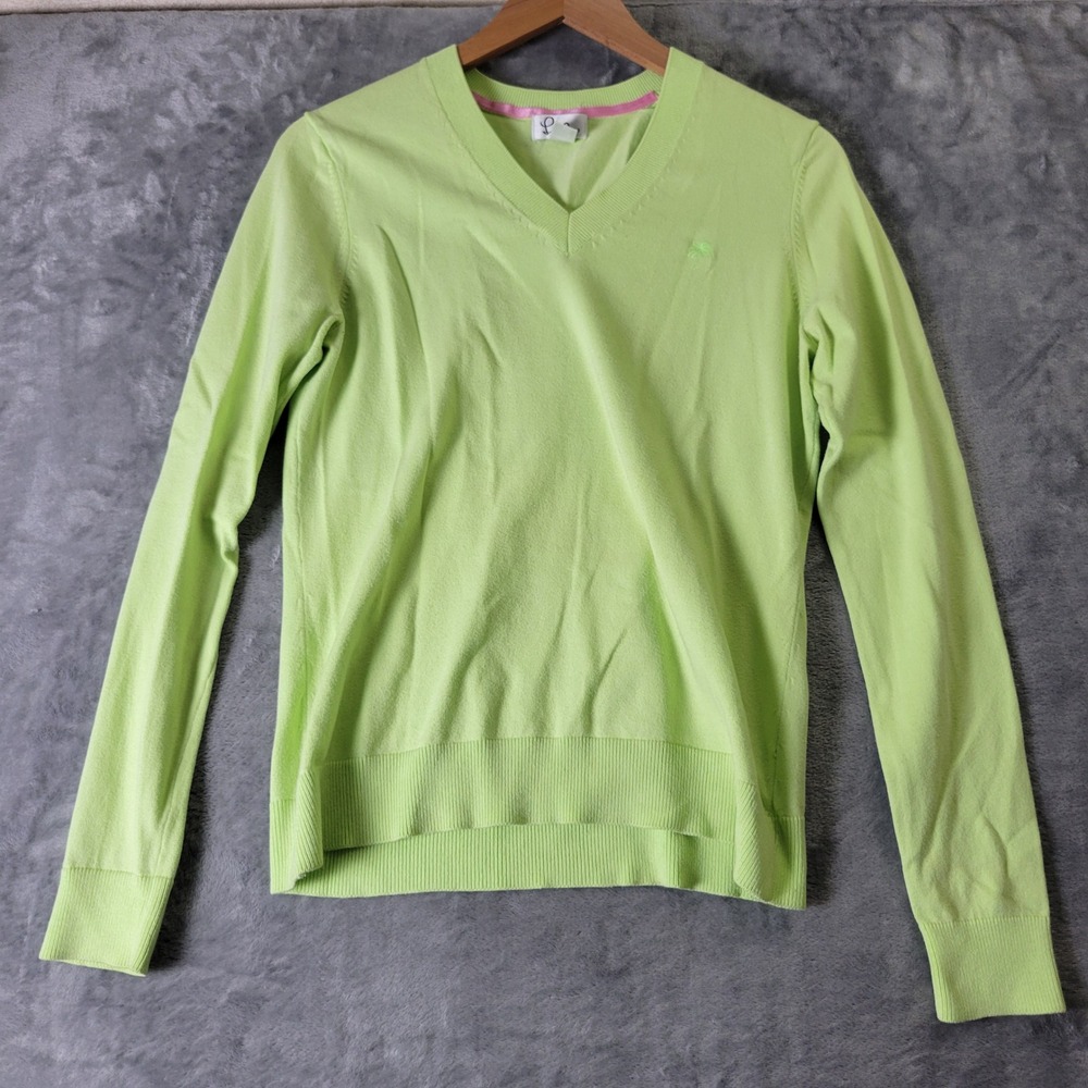 Lilly Pulitzer Lime Green V-Neck Sweater Small Palm Tree Embroidered Long Sleeve